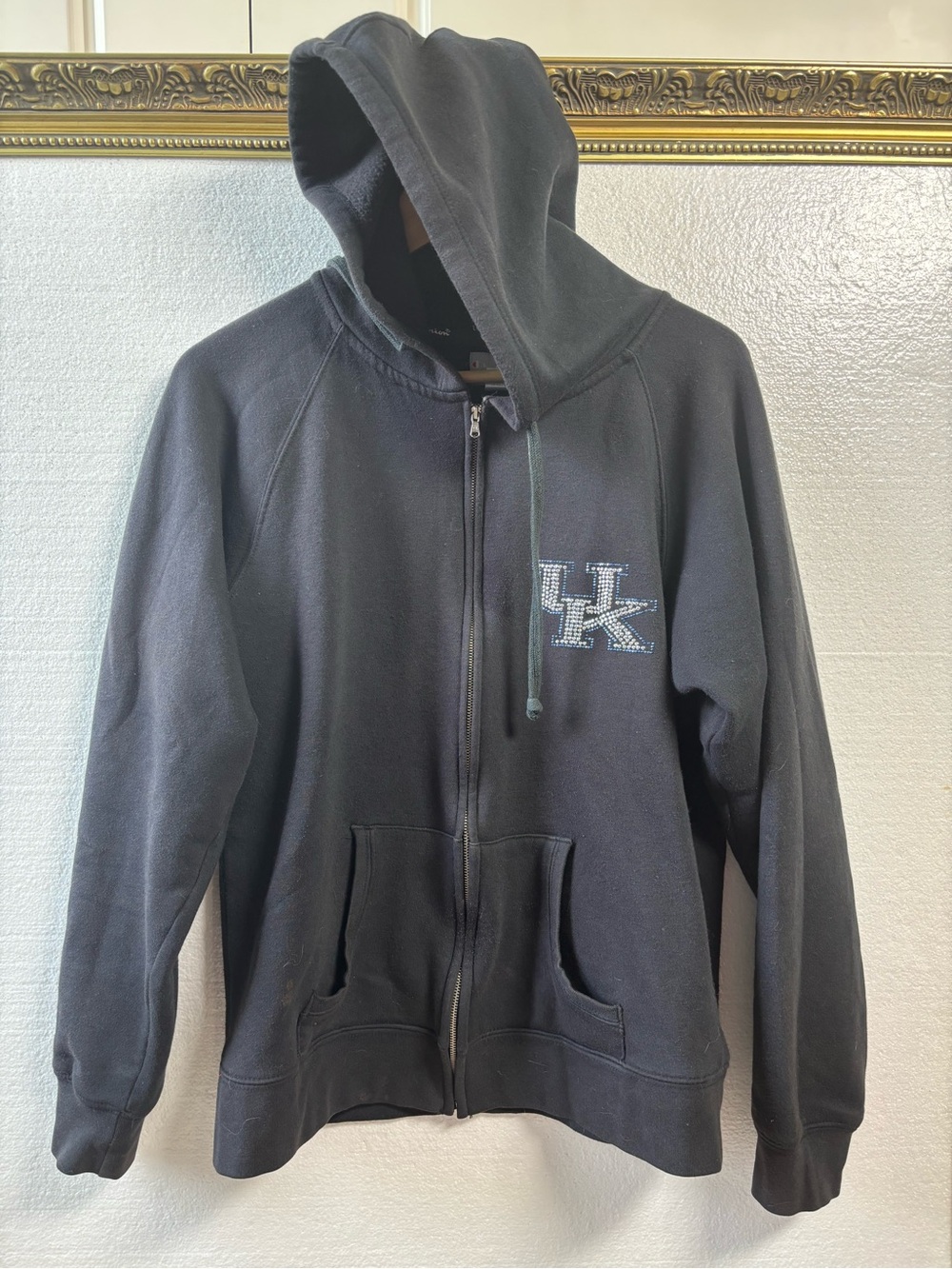 Champion Black Zip-Up Hoodie with UK Rhinestone Logo